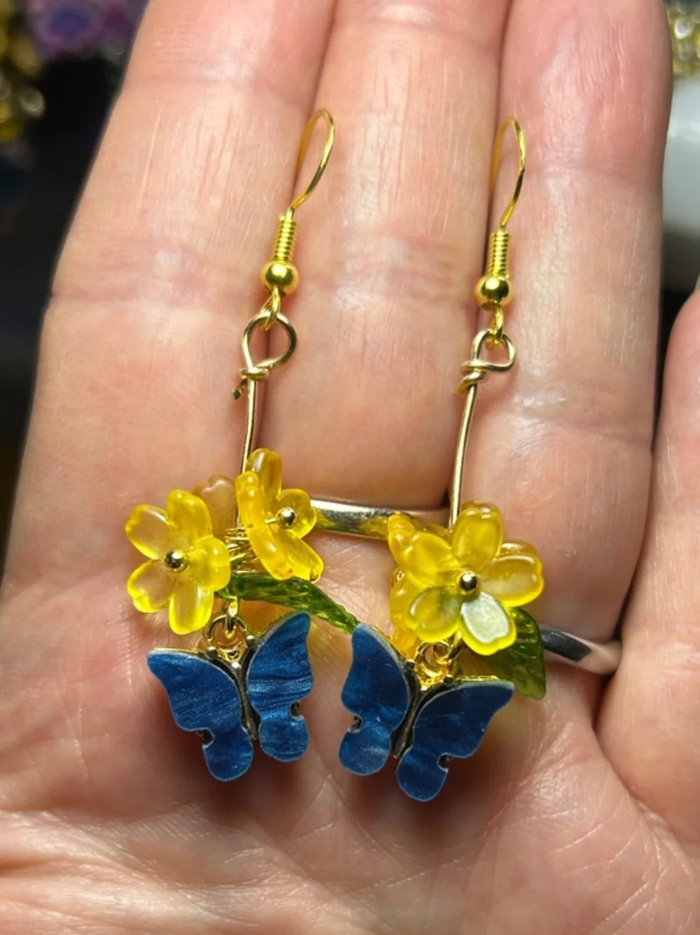 3/$25 Yellow Flower & Blue Butterfly Dangle Earrings - Picture 2 of 5
